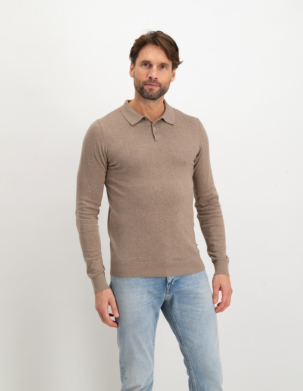 Saint Steve - Berend Knitted Polo Long Sleeve Taupe Melange
