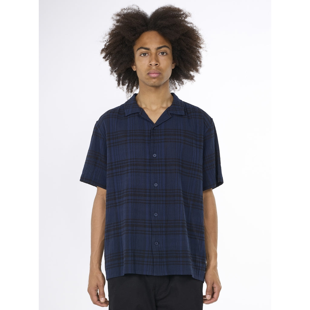 Knowledge Cotton Apparel -Shirt Short Sleeved Checkered Navy